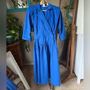 Vtg 70s Walden Blue Dress 8 Button Down Pockets Midi Elastic Waist 3/4 Sleeves